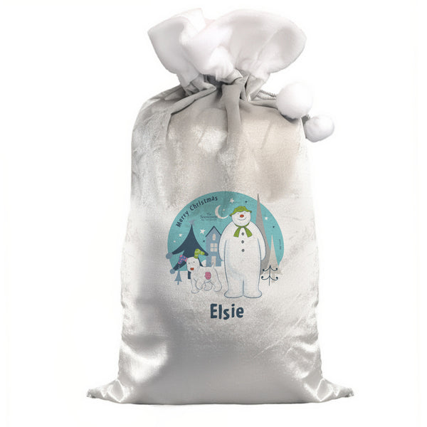 Personalised The Snowman and the Snowdog Luxury Silver Grey Pom Pom Sack