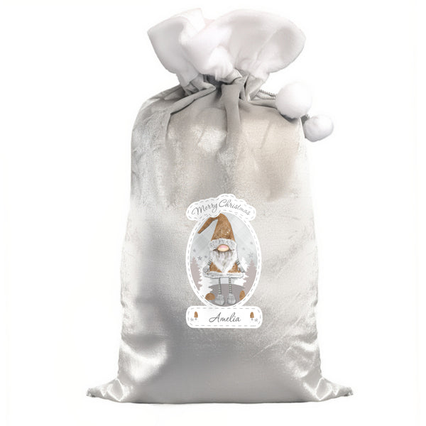 Personalised Christmas Gonk Luxury Silver Grey Pom Pom Sack