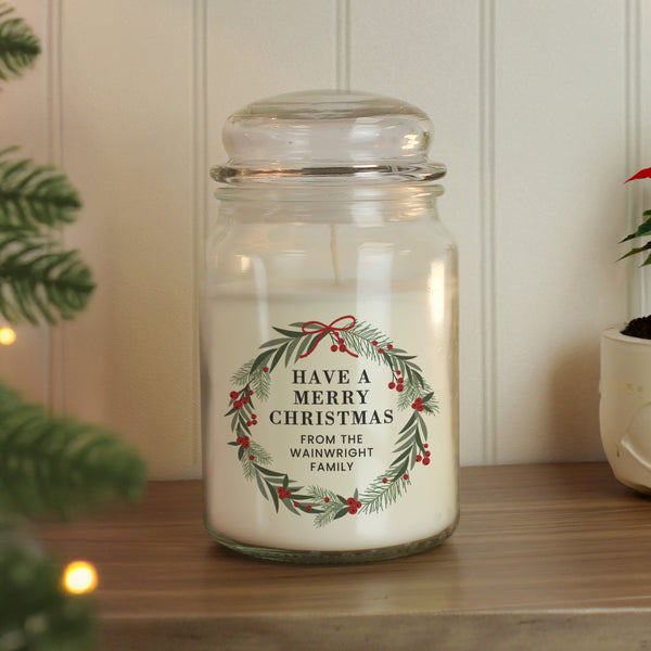 Personalised Christmas Wreath Large Wax Candle Jar