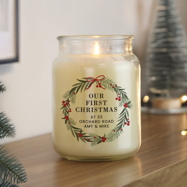 Personalised Christmas Wreath Large Wax Candle Jar