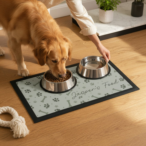Personalised Grey Dog Icons Pet Bowl Mat Non Slip