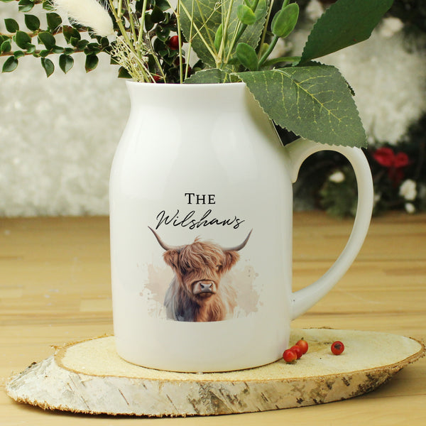 Personalised Highland Cow Ceramic Flower Jug Vase