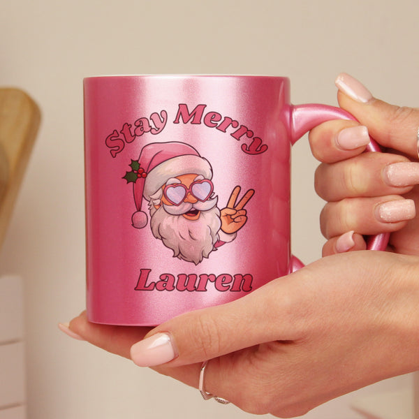 Personalised Stay Merry Santa Pink Ceramic Mug