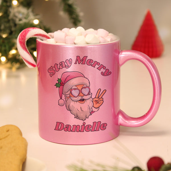Personalised Stay Merry Santa Pink Ceramic Mug