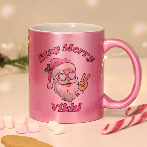 Personalised Stay Merry Santa Pink Ceramic Mug