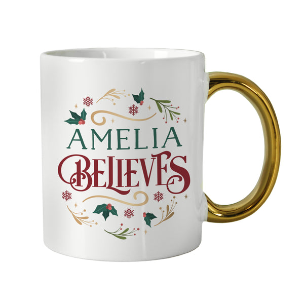 Personalised Believes In Christmas Gold Handled Ceramic Mug