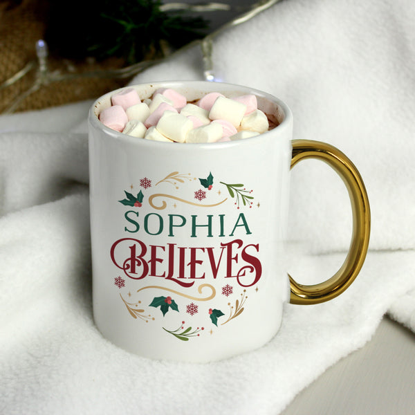 Personalised Believes In Christmas Gold Handled Ceramic Mug