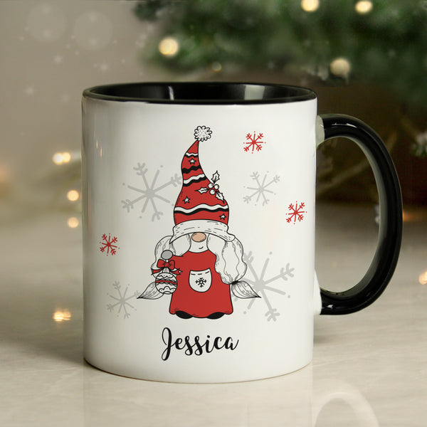 Personalised Gonk Family Black Handled Christmas Ceramic Mug - Female