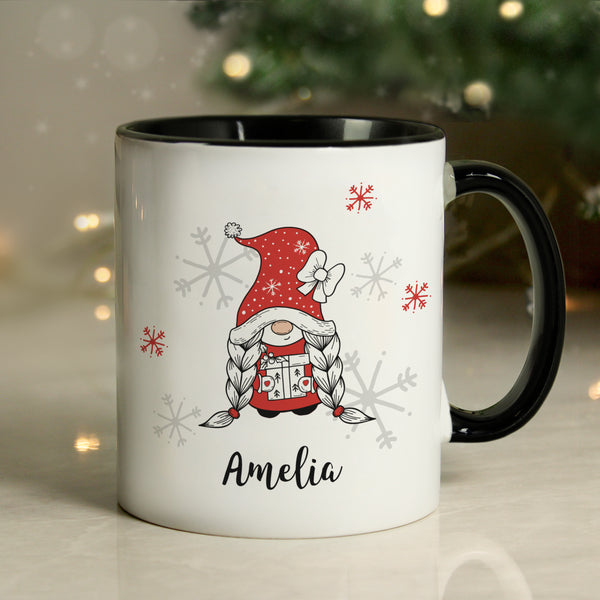Personalised Gonk Family Black Handled Christmas Ceramic Mug - Girl