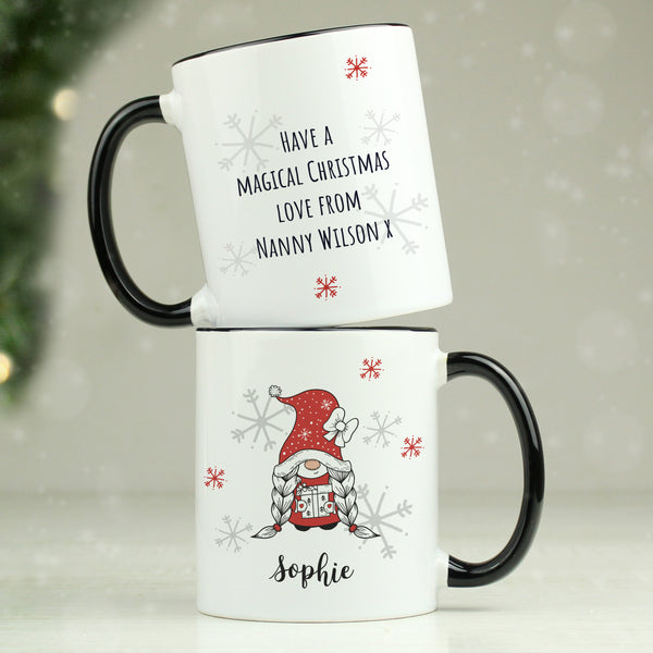 Personalised Gonk Family Black Handled Christmas Ceramic Mug - Girl