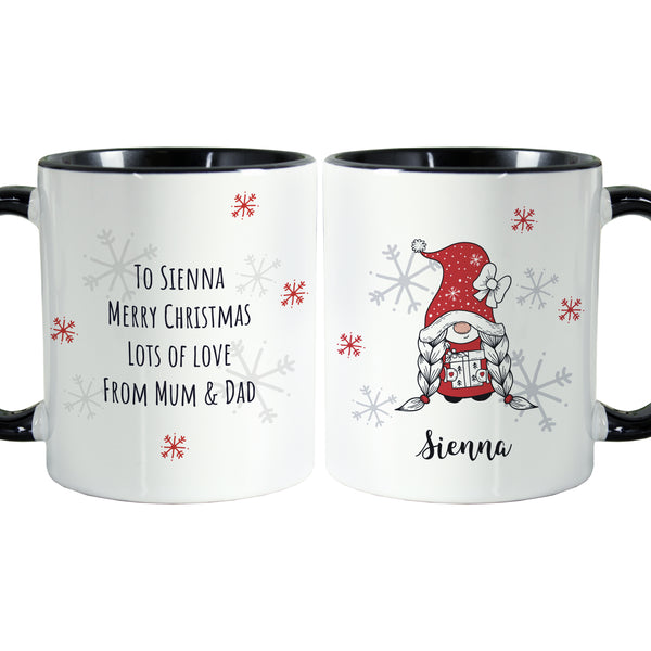 Personalised Gonk Family Black Handled Christmas Ceramic Mug - Girl