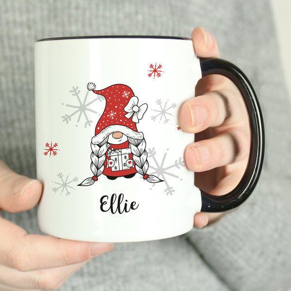 Personalised Gonk Family Black Handled Christmas Ceramic Mug - Girl