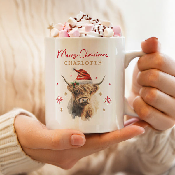 Personalised Highland Cow Christmas Ceramic Mug