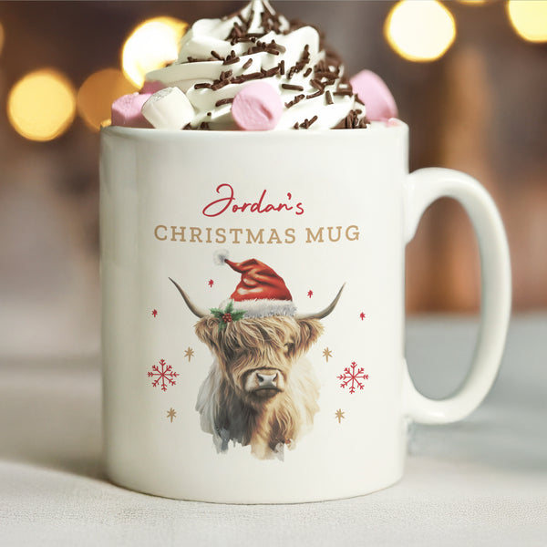 Personalised Highland Cow Christmas Ceramic Mug