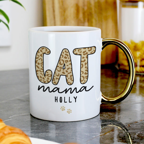 Personalised Cat Mama Gold Handle Ceramic Mug