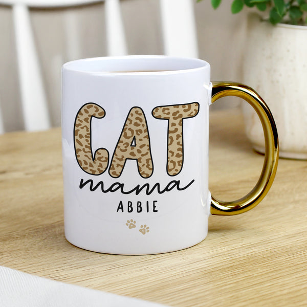 Personalised Cat Mama Gold Handle Ceramic Mug