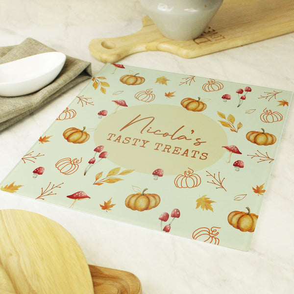 Personalised Pumpkin Autumn Glass Chopping Board