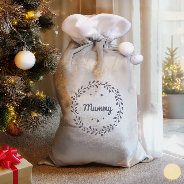 Personalised Holly Grey Christmas Sack