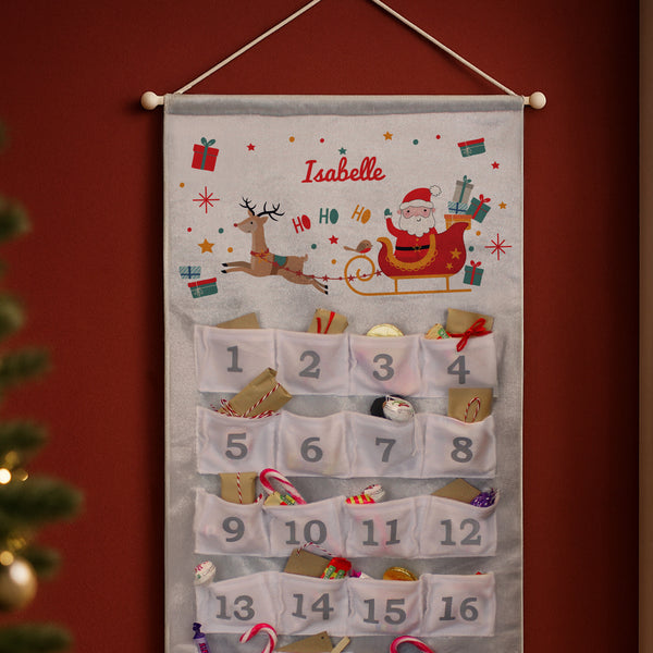 Personalised Santa Sleigh Advent Calendar In Silver Grey