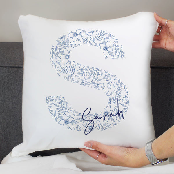 Personalised Floral Blue Initial Filled Cushion
