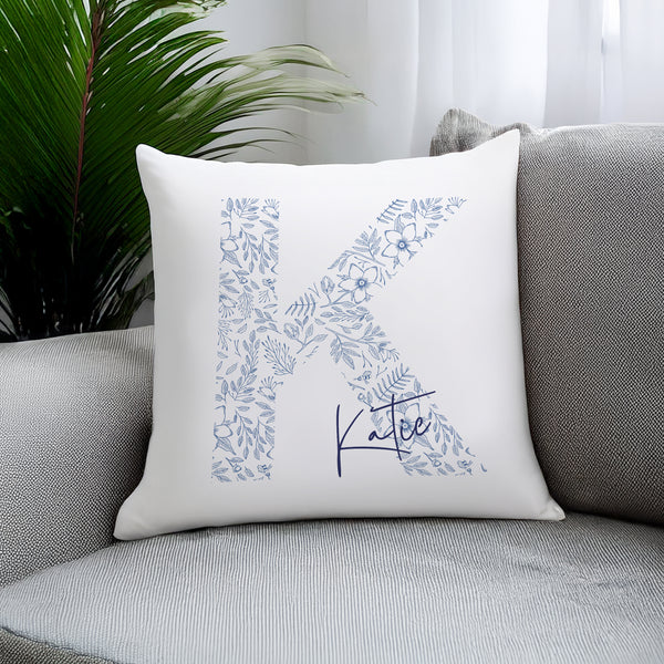 Personalised Floral Blue Initial Filled Cushion
