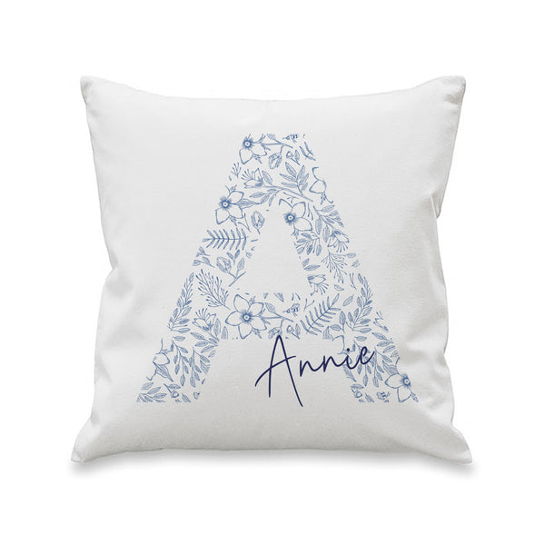 Personalised Floral Blue Initial Filled Cushion