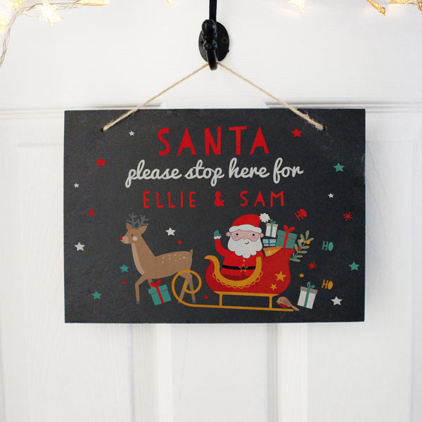 Personalised Santa Stop Here Hanging Slate Sign