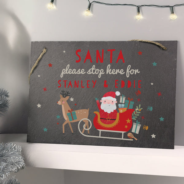 Personalised Santa Stop Here Hanging Slate Sign
