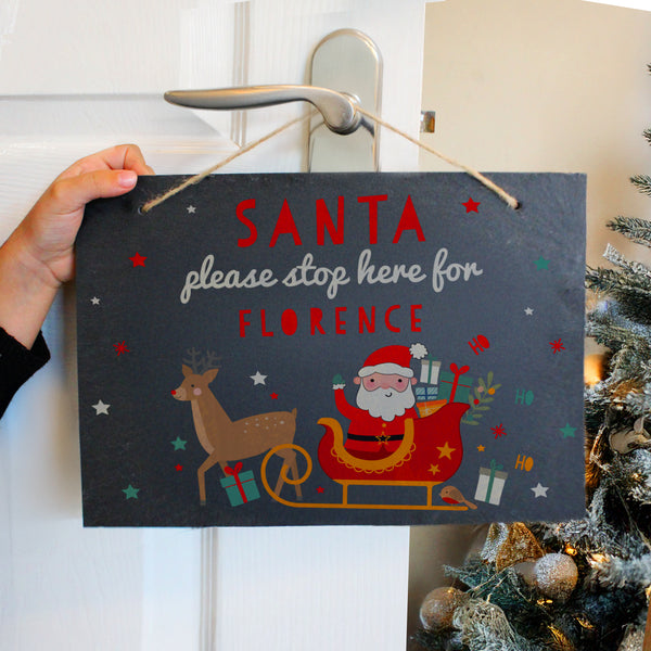 Personalised Santa Stop Here Hanging Slate Sign