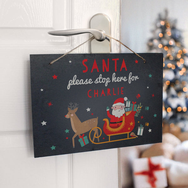 Personalised Santa Stop Here Hanging Slate Sign