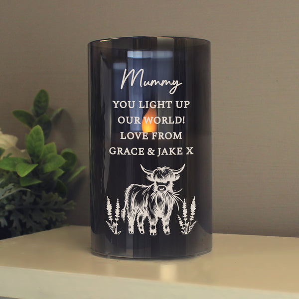 Personalised Highland Cow Glass LED Candle