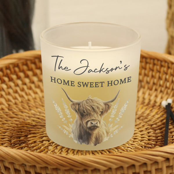 Personalised Highland Cow Frosted Glass Wax Candle