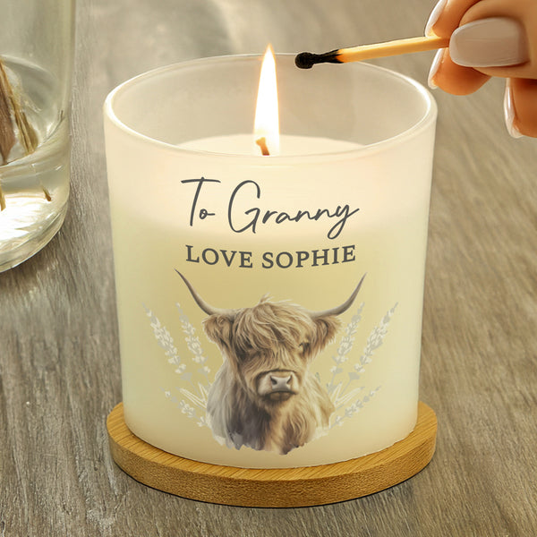 Personalised Highland Cow Frosted Glass Wax Candle
