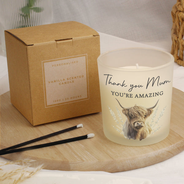 Personalised Highland Cow Frosted Glass Wax Candle