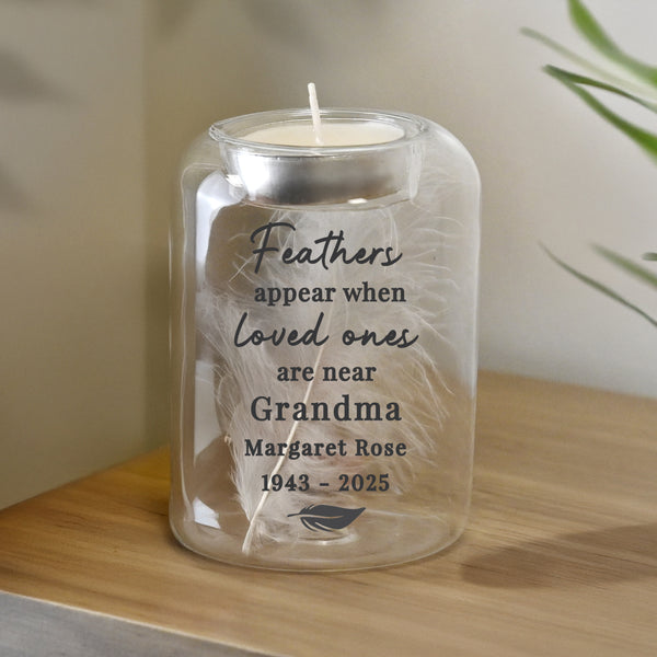 Personalised Loved Ones Memorial Feather Tealight Candle Holder
