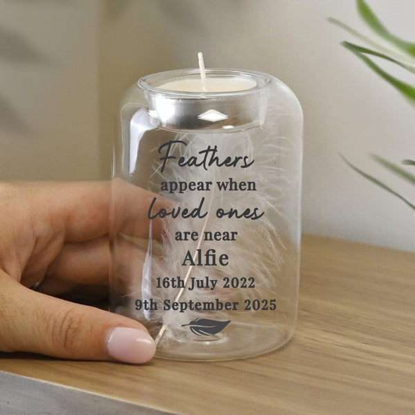 Personalised Loved Ones Memorial Feather Tealight Candle Holder