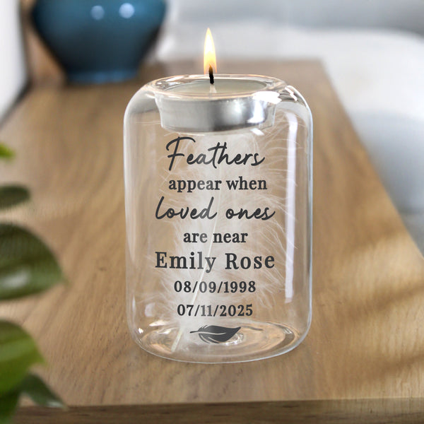 Personalised Loved Ones Memorial Feather Tealight Candle Holder