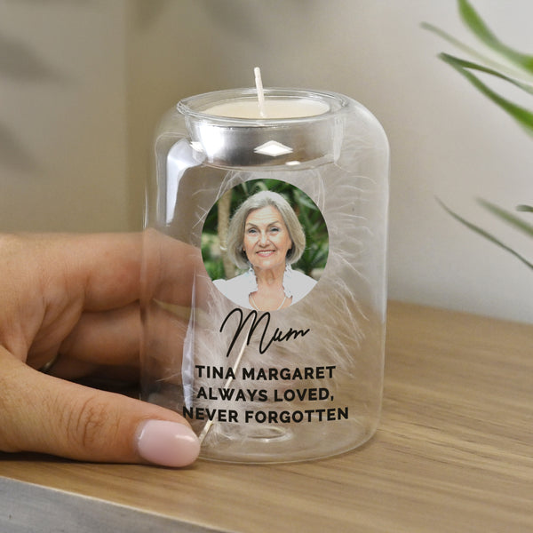 Personalised Photo Upload Memorial Feather Tealight Candle Holder