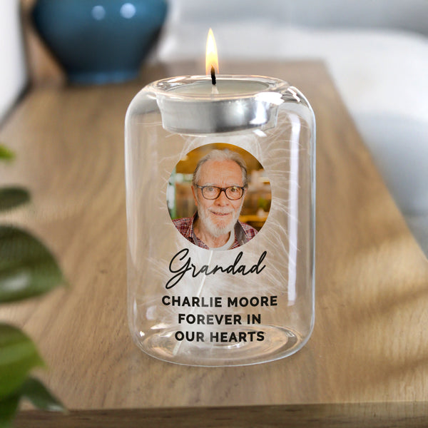 Personalised Photo Upload Memorial Feather Tealight Candle Holder