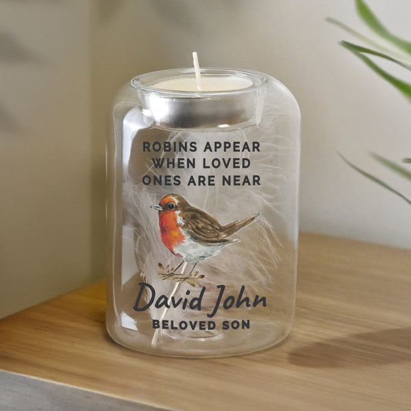 Personalised Robin Memorial Feather Tealight Candle Holder