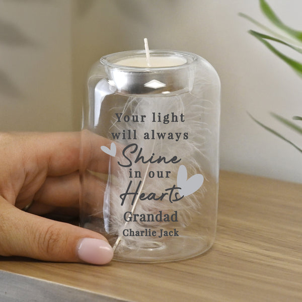 Personalised In Our Hearts Memorial Feather Tealight Candle Holder