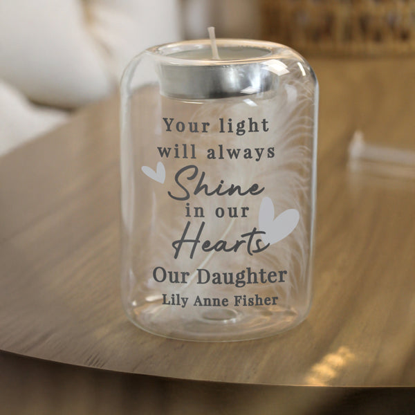 Personalised In Our Hearts Memorial Feather Tealight Candle Holder