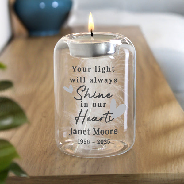Personalised In Our Hearts Memorial Feather Tealight Candle Holder