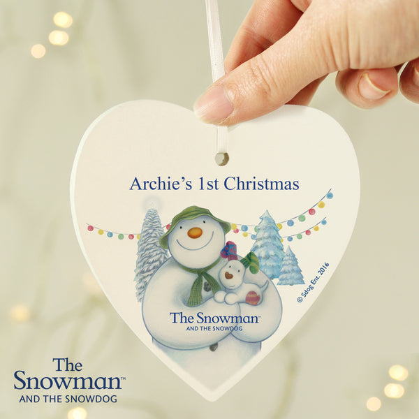 Personalised The Snowman and the Snowdog Wooden Heart Hanging Decoration