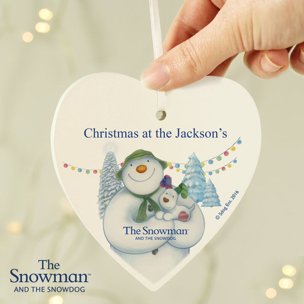 Personalised The Snowman and the Snowdog Wooden Heart Hanging Decoration