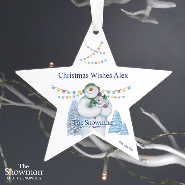Personalised The Snowman and the Snowdog Wooden Star Hanging Decoration