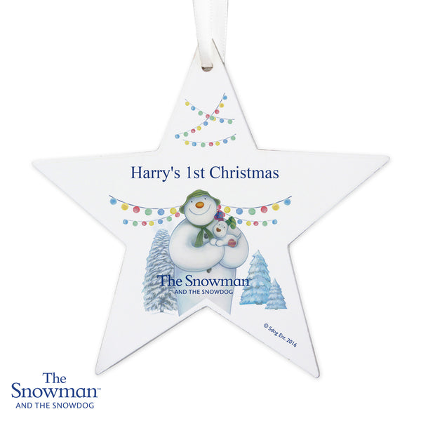 Personalised The Snowman and the Snowdog Wooden Star Hanging Decoration