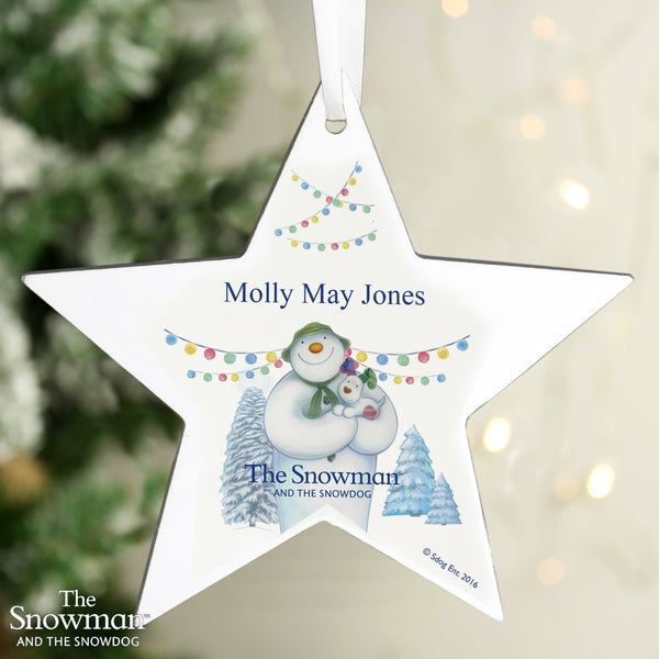 Personalised The Snowman and the Snowdog Wooden Star Hanging Decoration