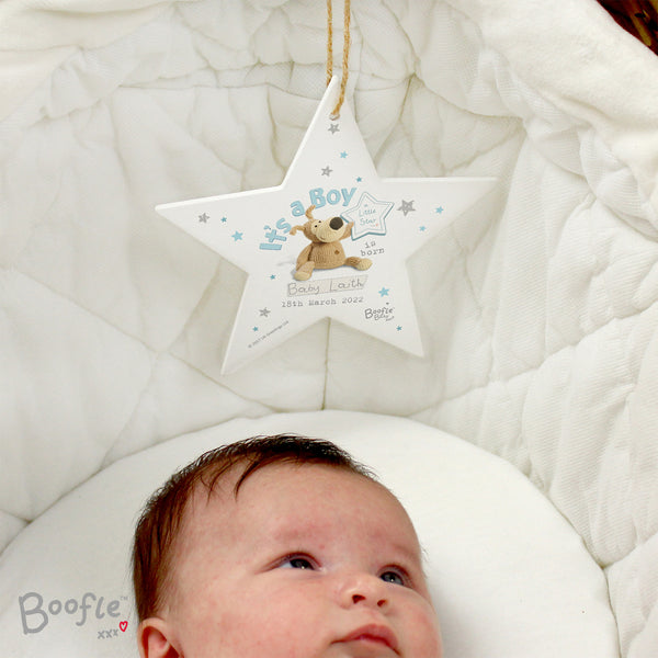 Personalised Boofle Its a Boy Wooden Star Hanging Decoration