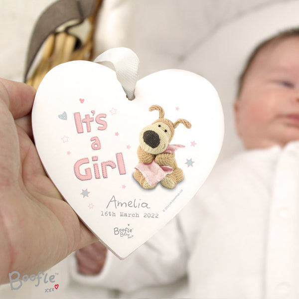 Personalised Boofle It's a Girl Wooden Heart Hanging Decoration